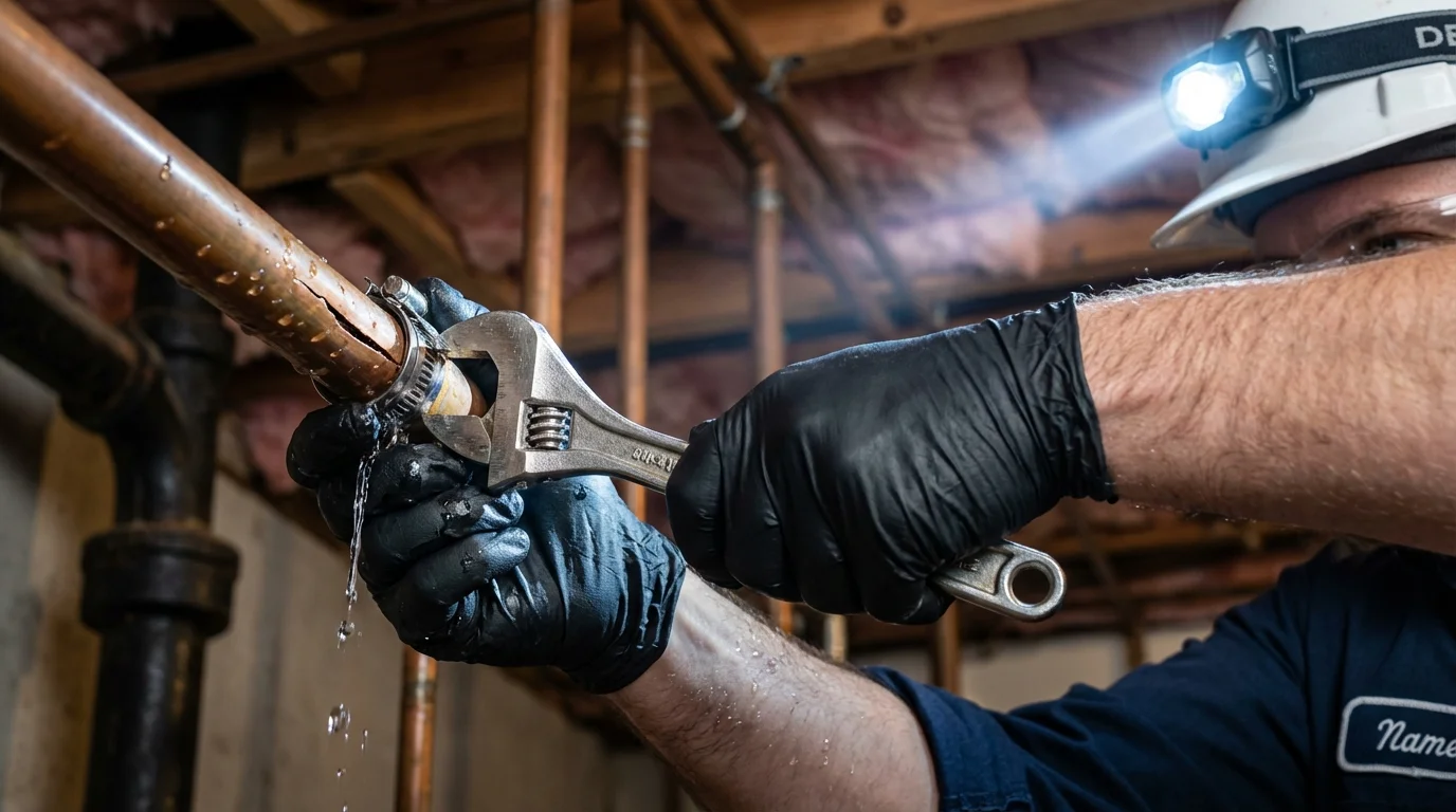 Emergency pipe clamp repair being performed by a Johns Plumbing LLC plumber in Lansing