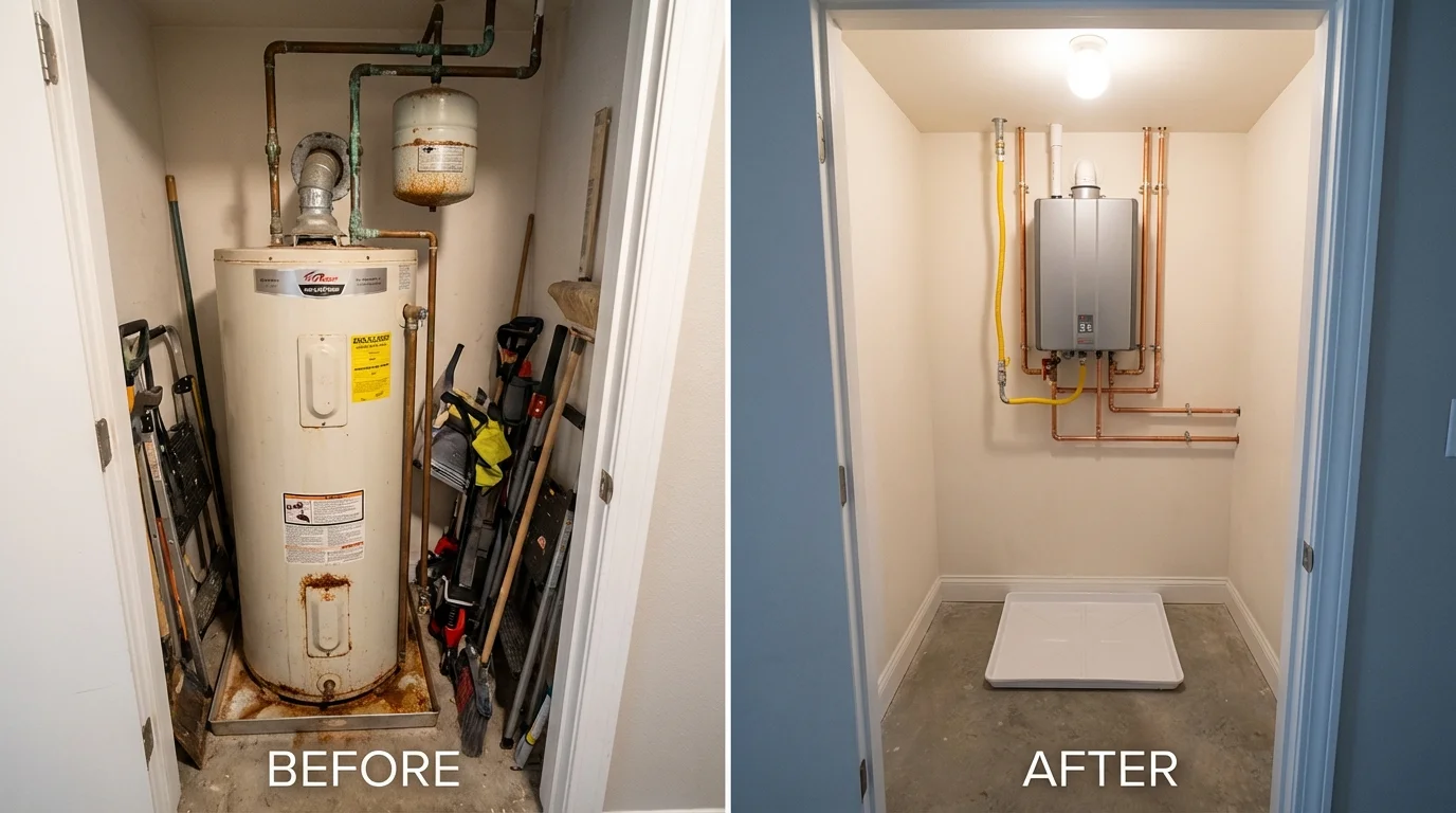 Tank water heater versus wall-mounted tankless unit comparison for Lansing, KS homeowners