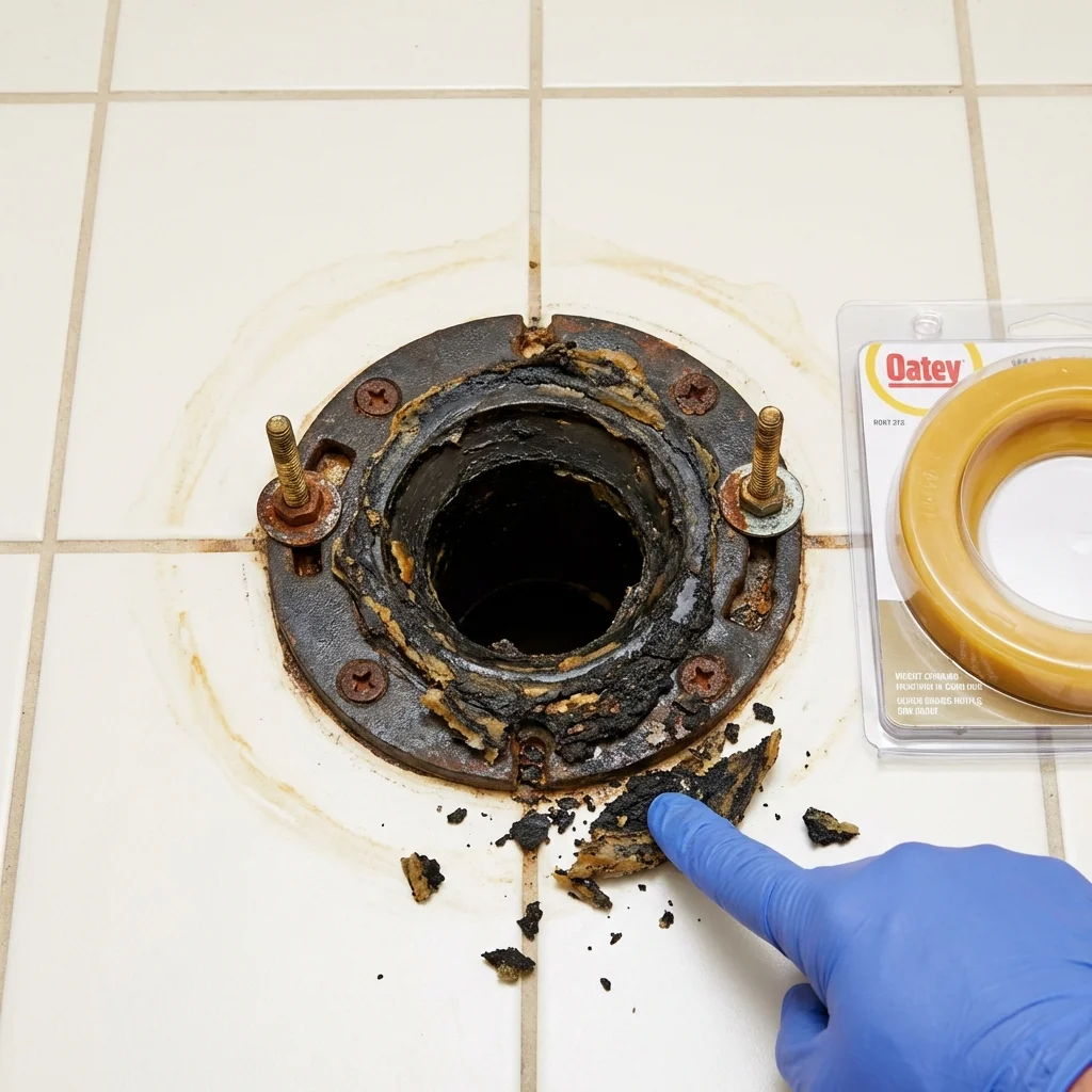 Failed wax ring showing water seepage at the base of a toilet in a Lansing, KS home