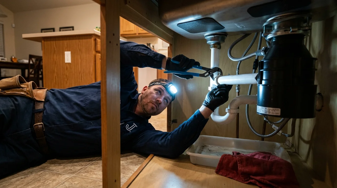 P-trap and supply line connections under a kitchen sink showing a common leak point in Lansing, KS